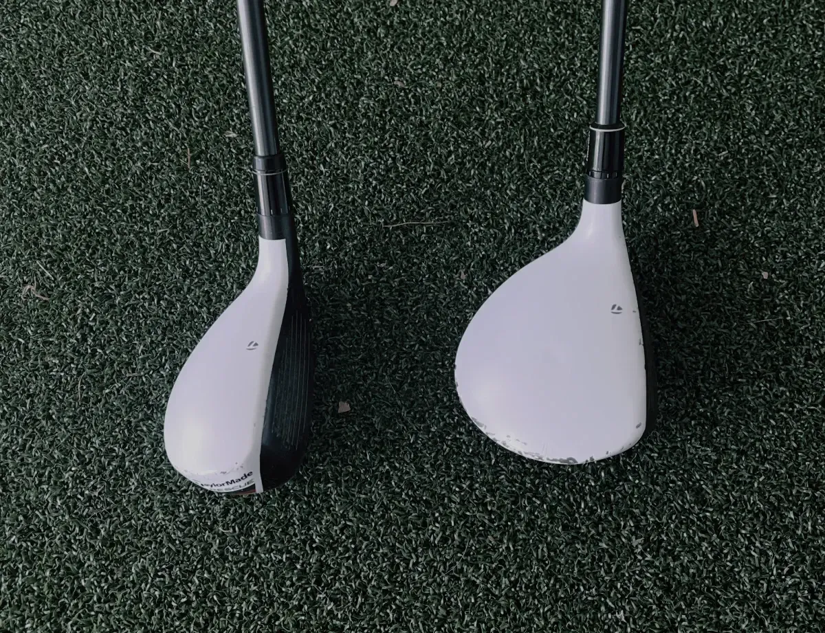 Face-on comparison of Todd's TaylorMade R15 3-hybrid and 5-wood clubheads.