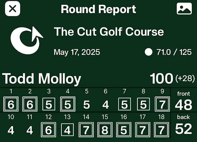 The Tangent app round report for The Cut Golf Course on May 17, 2025, showing a score of 100 hole by hole