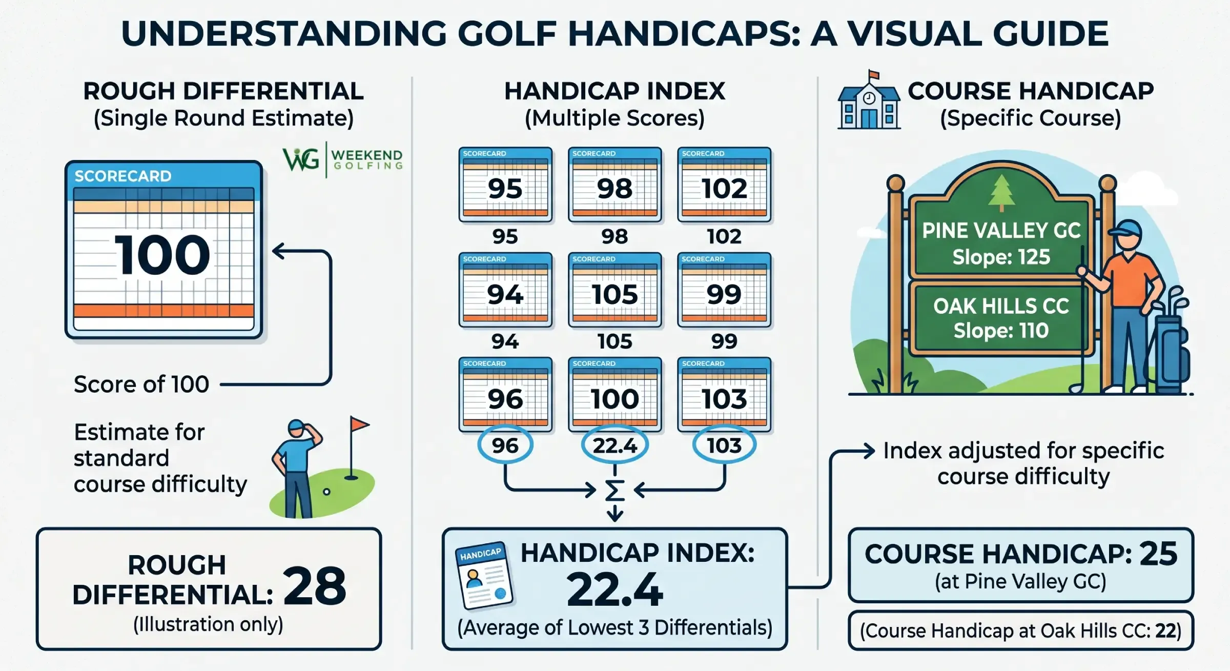 One score gives a rough differential, several acceptable scores create a Handicap Index, and a course-specific calculation gives a Course Handicap.