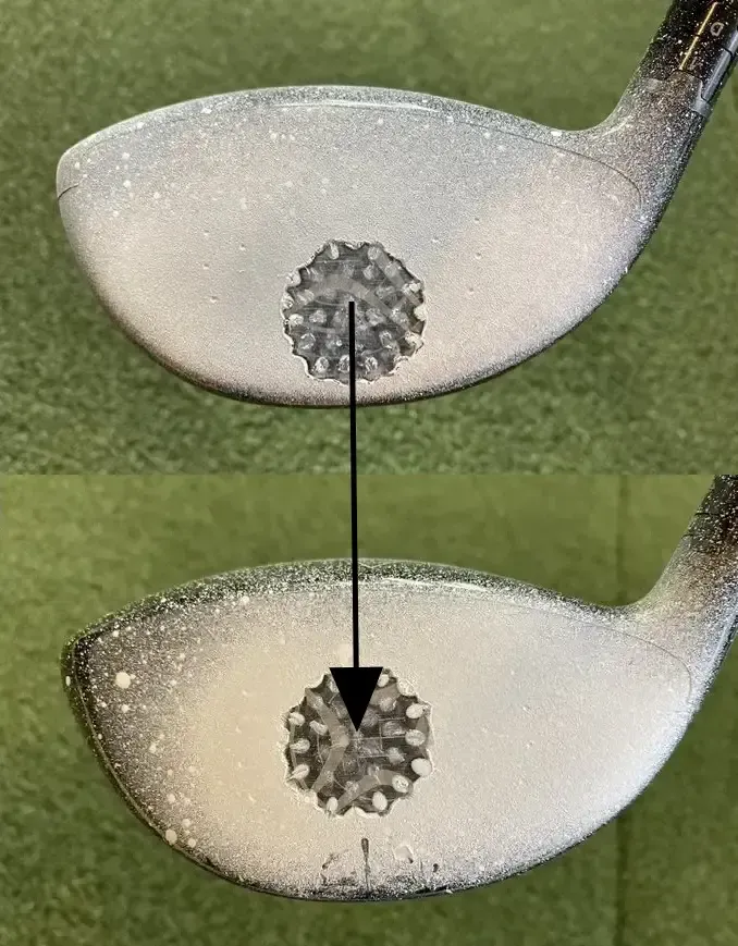 Two driver faces marked with impact spray, one above the other, an arrow showing the strike moving in toward the center of the face