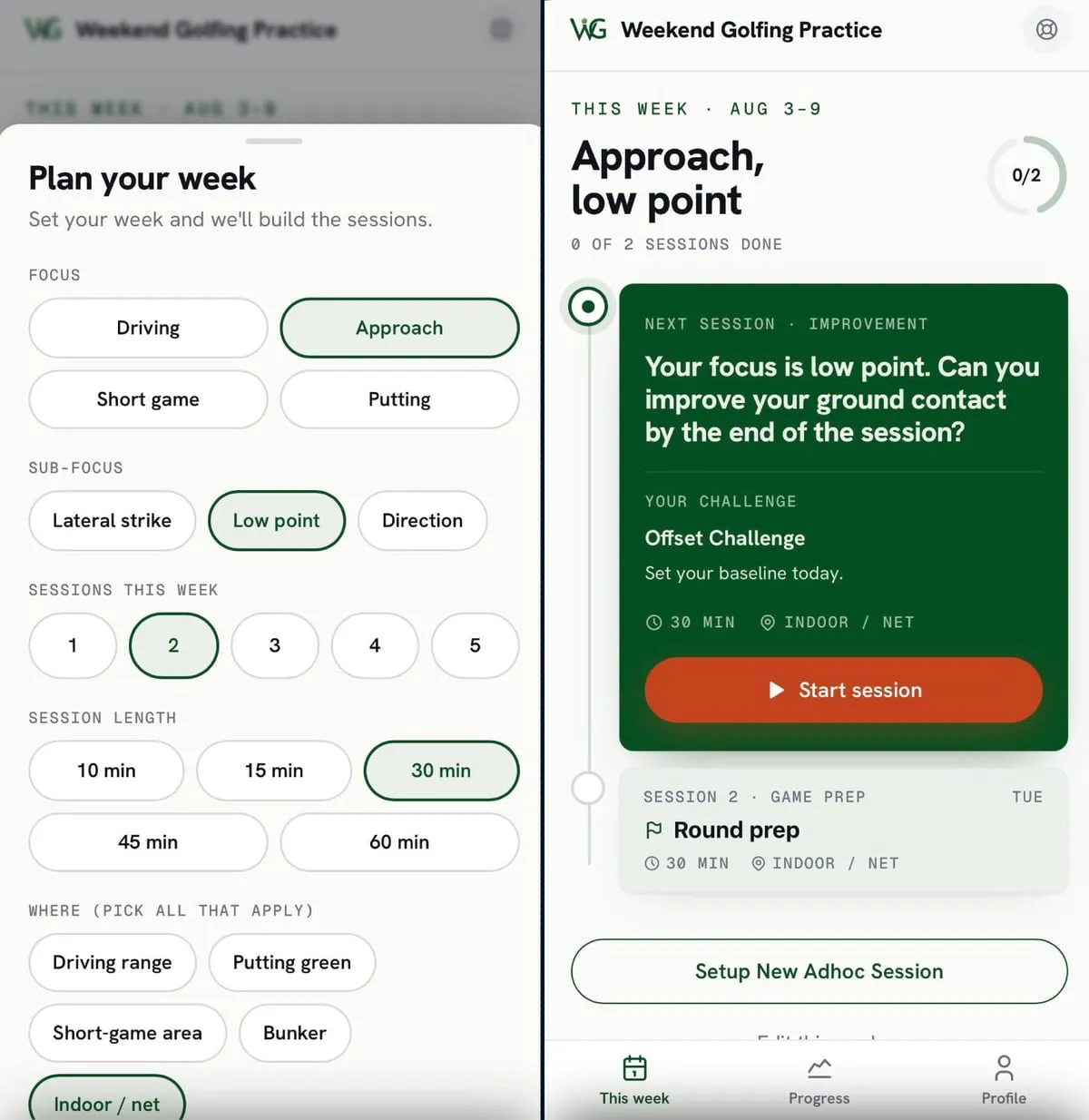 Two phone screens from the DIAL Practice app: setting the week's focus and session length on the left, the session it generated on the right