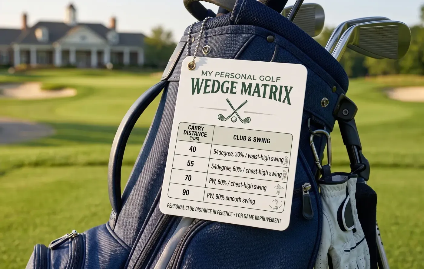 A personal wedge matrix tag hanging on a golf bag, listing carry distances from 40 to 90 yards against the club and swing length that produce them