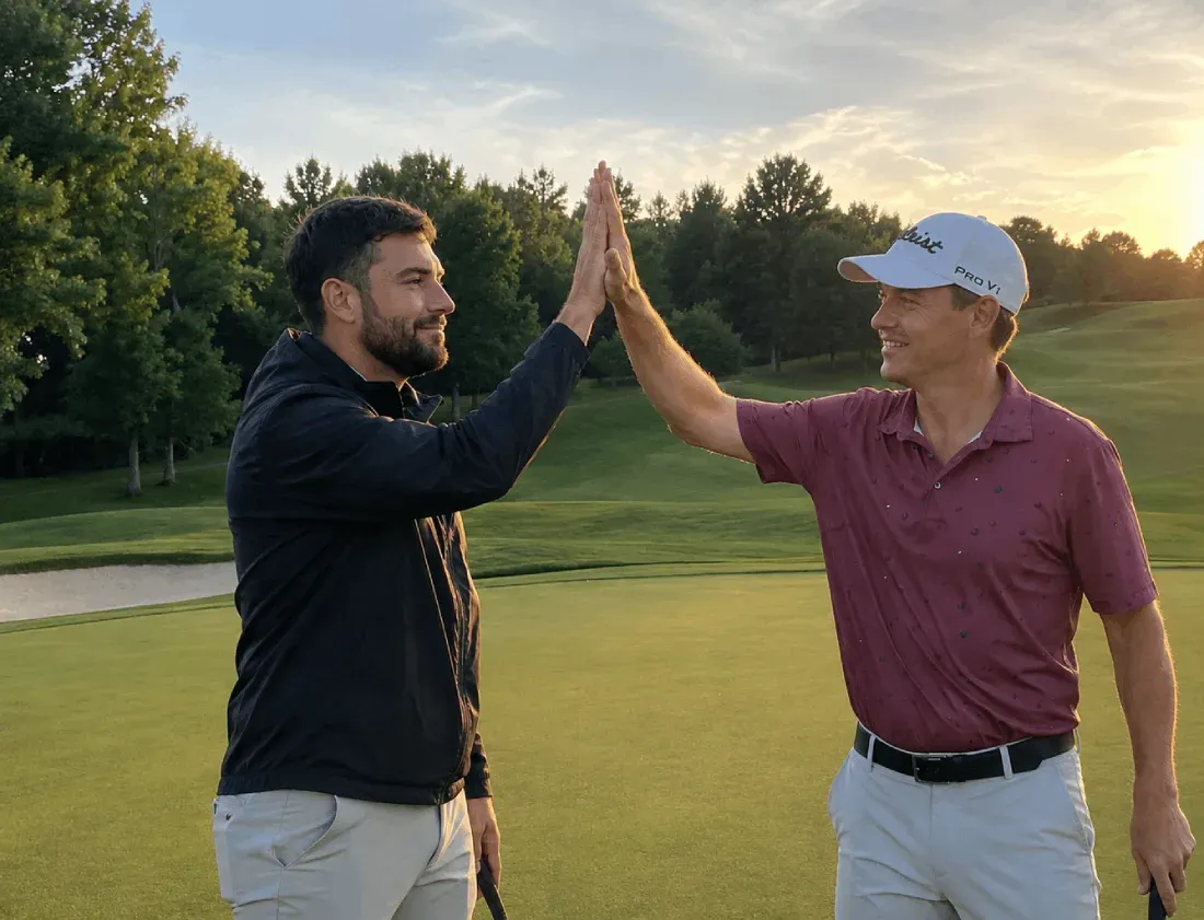 Two golfers high-fiving on a green at sunset