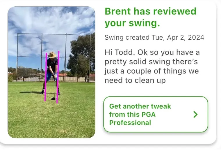 The SwingTweak review in the app: a frame of Todd at address with alignment lines drawn over it, next to the coach’s written feedback
